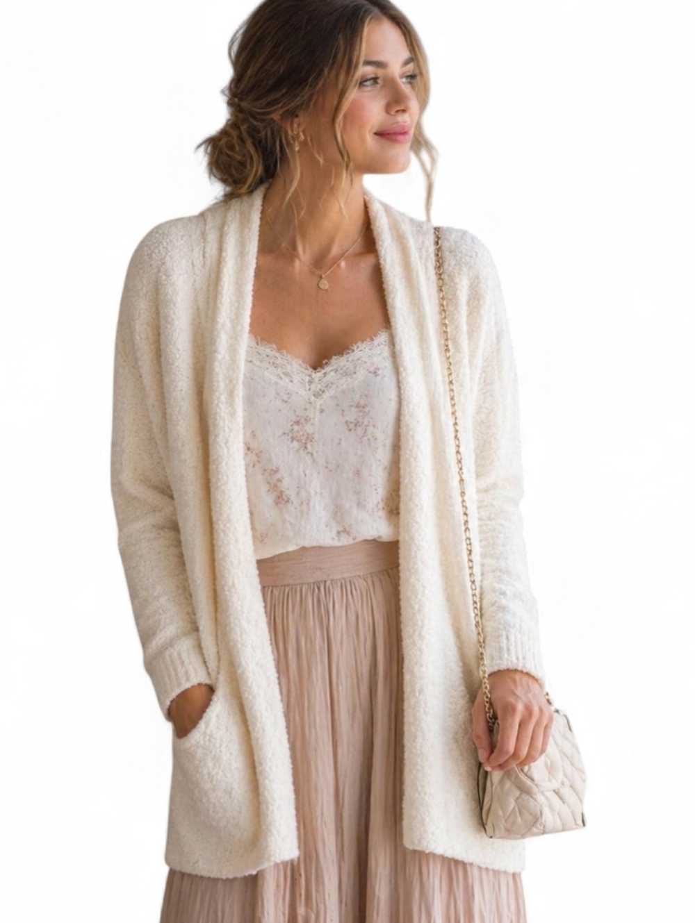 Vintage Feminine Bouclé Popcorn Knit Open Front Cardigan Shawl Collar M